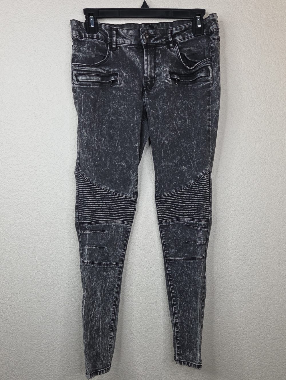 Women’s Black Acid-Wash Moto Skinny Jeans